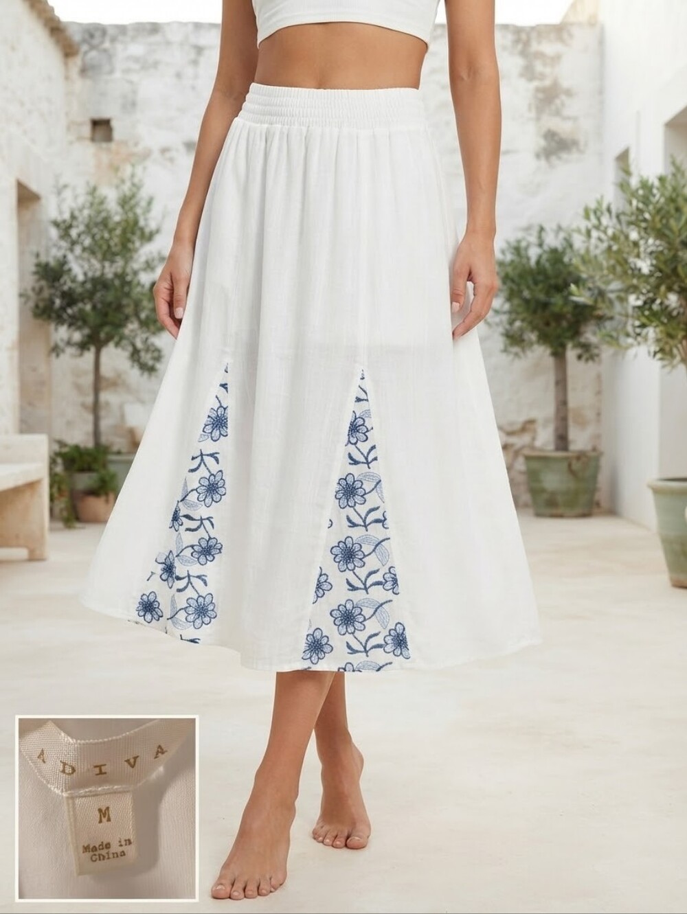 Adiva White Midi Skirt with Blue Floral Panels